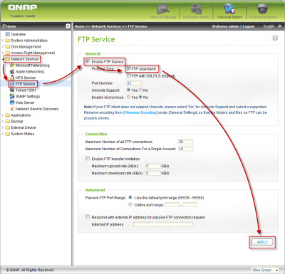 Enable the FTP service on the NAS