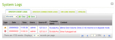 Log information for the drive plug out event