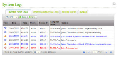 Log information for the drive plug in and RAID rebuilding event