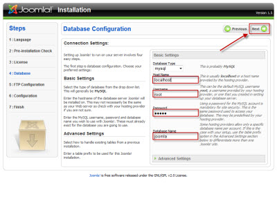 Enter the MySQL database information