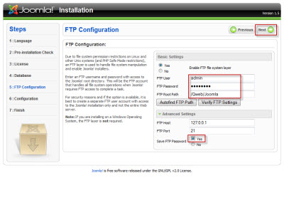 Enter the FTP information