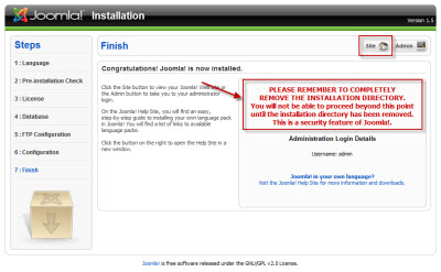 Joomla installation done